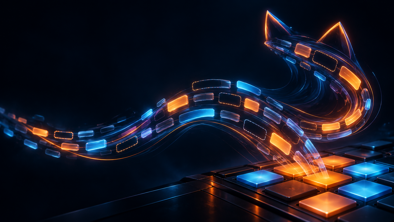 Illustration: glowing blank word blocks and dashed empty slots flow in a curve that ends in two fox-ear points.