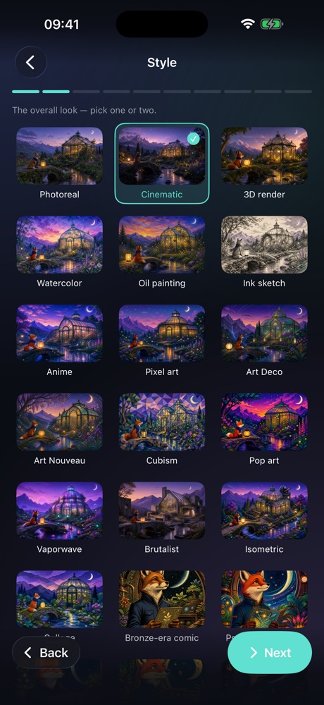Composer “Style” step: illustrated tiles such as Photoreal, Cinematic, 3D render, Watercolor, Oil painting and Ink sketch, with Cinematic selected.