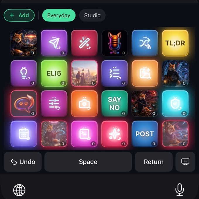 The PromptWhisker keyboard with the Everyday deck and Pad glow on: an Add button and the deck chips Everyday and Studio above four rows of six pads — fox story pictures, a fox-eared microphone and a speech-bubble picture, neon glyph caps and label caps reading TL;DR, ELI5, SAY NO and POST, most with a small {} tab — then Undo, Space and Return keys.