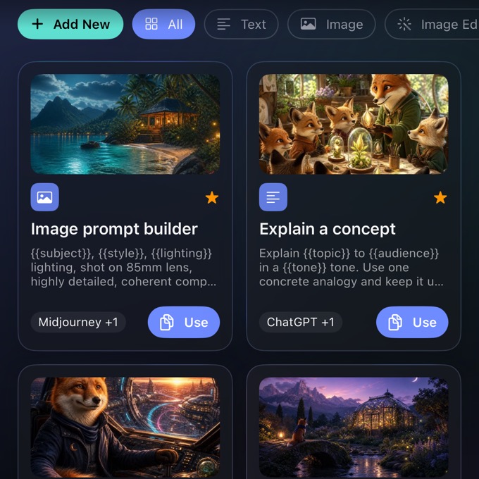 Prompts tab: an Add New button and the filters All, Text, Image and more above picture cards — Image prompt builder, tagged Midjourney +1, and Explain a concept, tagged ChatGPT +1, both starred, each showing its template with {{variables}} and a Use button.
