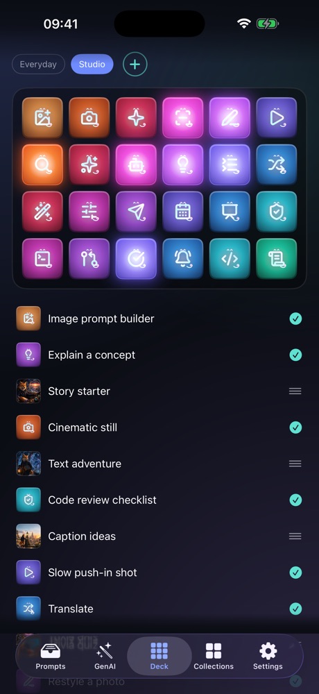 Deck tab with the Studio deck selected and Pad glow on: the deck chips Everyday and Studio and a + button above 24 neon caps in four rows of six, coloured from orange at the top left through pink and violet to blue and green at the bottom right, each with a line-drawn glyph; below, the prompt list — Image prompt builder, Explain a concept, Story starter and more — with a tick beside each prompt already on the deck.