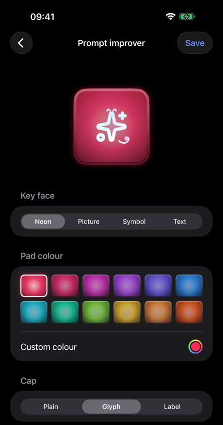 Key editor for the Prompt improver pad: a large crimson neon cap with a glowing sparkle glyph; the Key face choices Neon, Picture, Symbol and Text with Neon selected; a Pad colour grid of twelve swatches and a Custom colour control; the Cap choices Plain, Glyph and Label with Glyph selected.